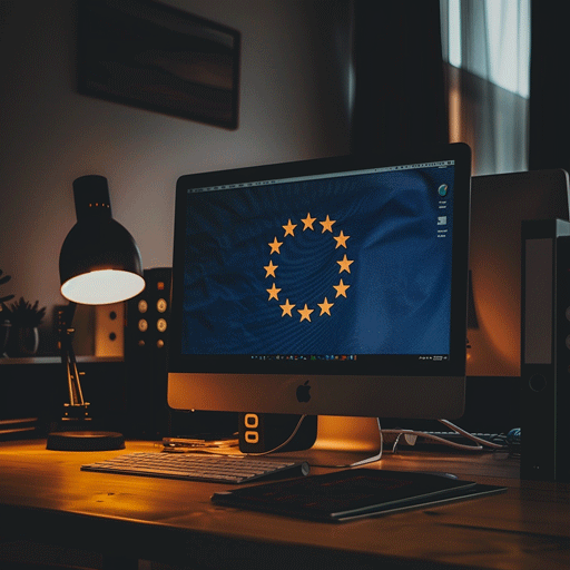 Desktop computer on a website with the European flag