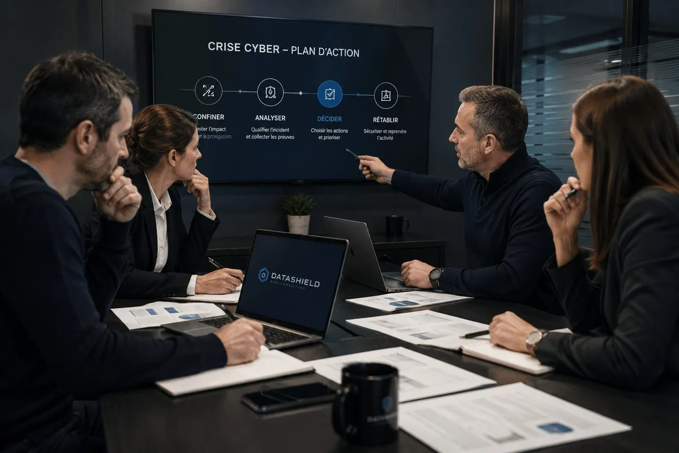 Réunion de crise cyber avec plusieurs intervenants, documents de travail et ordinateur dans une ambiance sérieuse