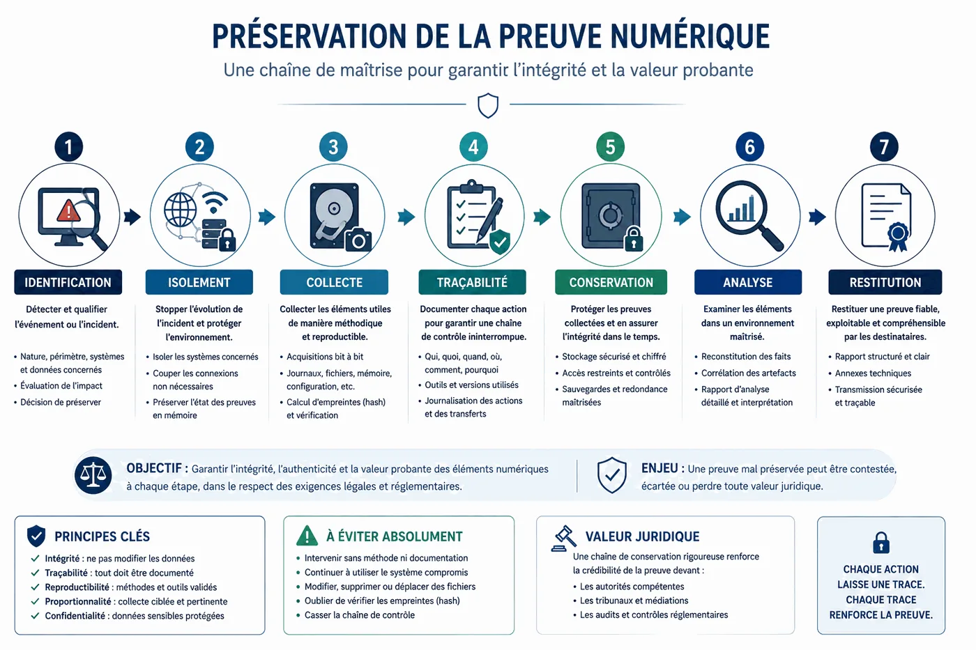 Schéma pédagogique de préservation de la preuve numérique : identification, isolement, collecte, traçabilité, conservation, analyse et restitution